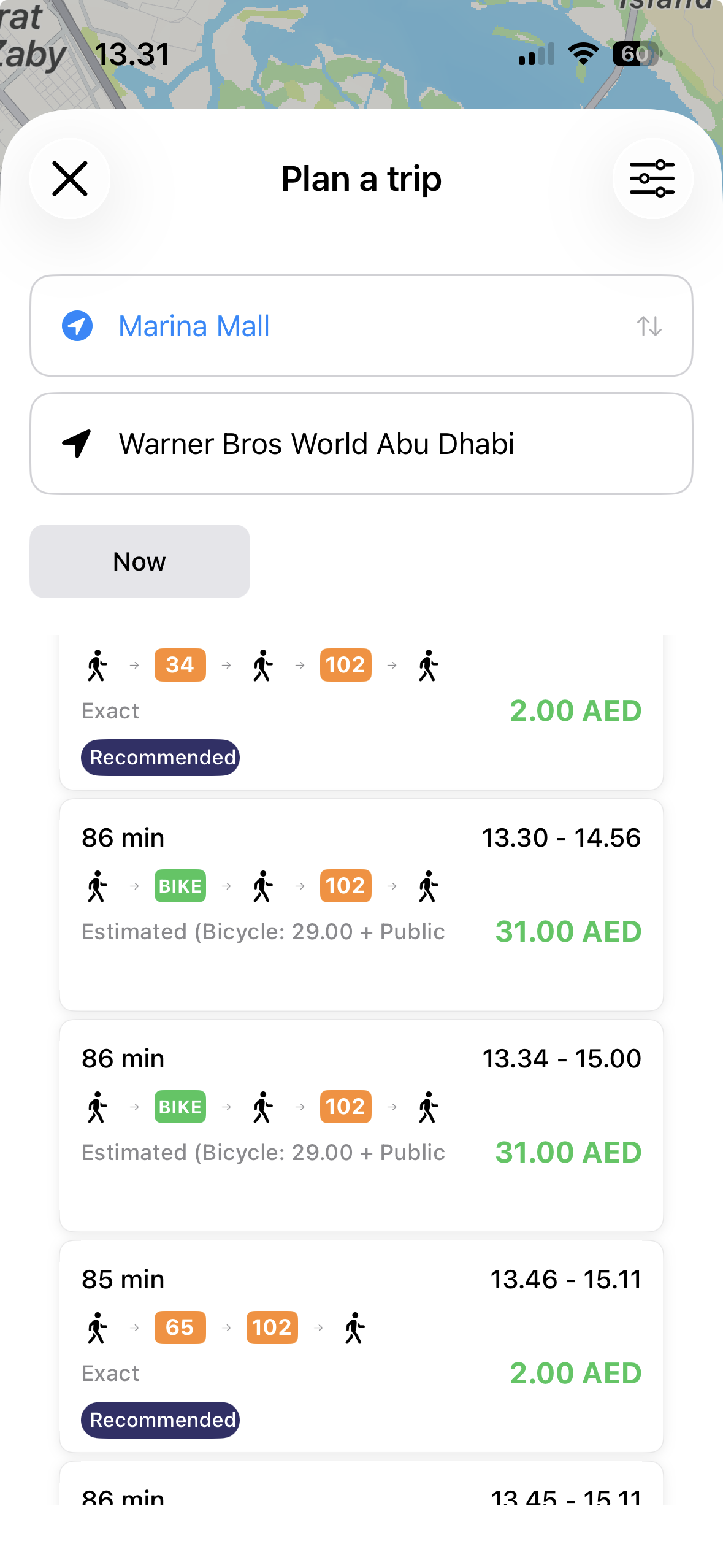 Multi-modal route options with real-time pricing
