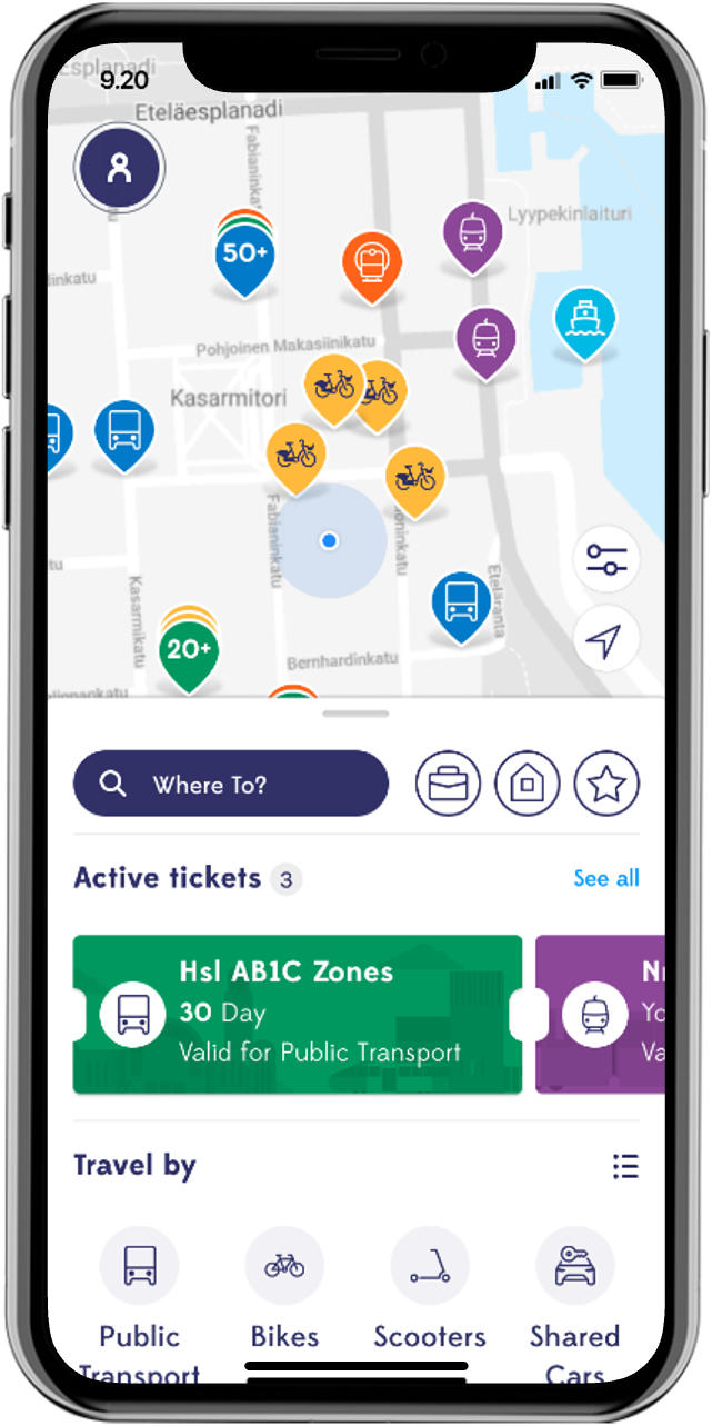 Whim app — real-time MaaS map with active tickets in Helsinki